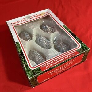 Vtg 1960s Commodore Romania Pinecone Ornaments Set 5 Confetti Glitter MCM w/ Box